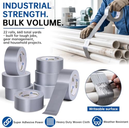 22 Pack Silver Duct Tape Bulk, 2 inch X 660 Yards, Heavy Duty Waterproof, Strong No Residue All-Weather Duct Tape, Tear by Hand, Multi-Use for Indoor & Outdoor Repairs, Industrial, Professional Use