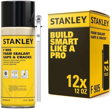 Stanley F905 Gaps & Cracks Sealant (12x12 Oz.) – Polyurethane Spray Foam Insulation for Window & Door, Waterproof Gap Filler, Low Expansion Foam for Indoor & Outdoor Use | Straw Use | 12 Oz. 12 Pack