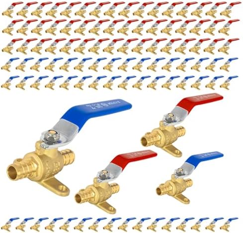 100-Pack Foskan Brass PEX Crimp Drop Ear Ball Valve, 1/2 Inch Full Port Shut-off Valve for Hot and Cold Water Distribution(Blue and Red)