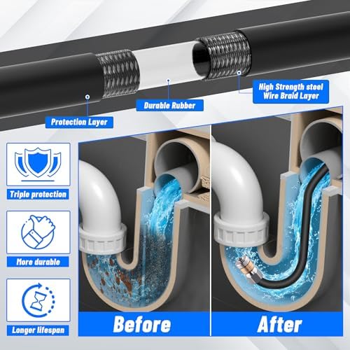 Sewer Jetter Kit 100FT for Pressure Washer 5800PSI Drain Cleaner Hose | 1/4" NPT Corner Rotating, Button Hose Sewer Jetting Nozzle Waterproof Tape Pearl Corsage Pin with 2 Spanner