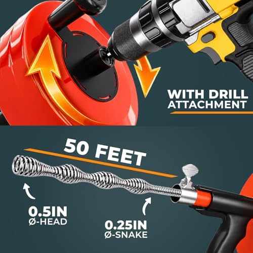 MEISTERFAKTUR drain snake - Auto Feed - Ideal plumbing snake for sink and drain unblocking - Solid drain auger for real DYIs! (50FT)
