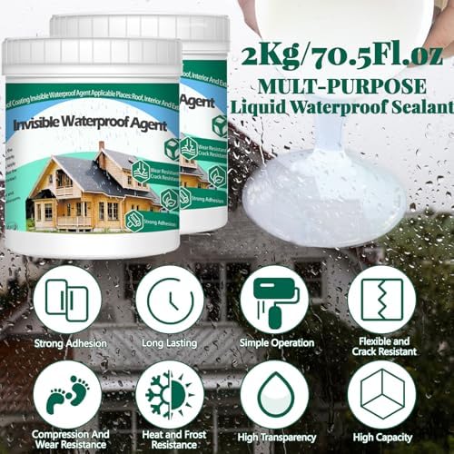 2Kg/70.5Fl.oz Invisible Waterproof Agent Indoor&Outdoor Waterproof Coating Set Transparent Liquid Sealant with Wooden Brush Resistant Work Gloves Putty Knife Cut Paint Roller