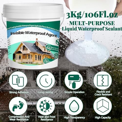 3Kg/106Fl.oz Invisible Waterproof Agent Indoor&Outdoor Waterproof Coating Set Transparent Liquid Sealant with Wooden Brush Resistant Work Gloves Putty Knife Cut Paint Roller