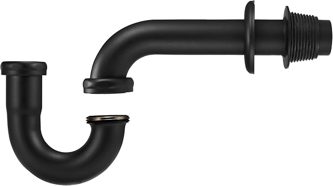 18 Gauge Solid Brass P-Trap 1 1/4” OD, Heavy Duty Brass Tubular J Bend Pipe Connector, Decorative Bathroom Basin Sink Waste Trap Drain Kit with Flange and Gasket Washers, Matte Black