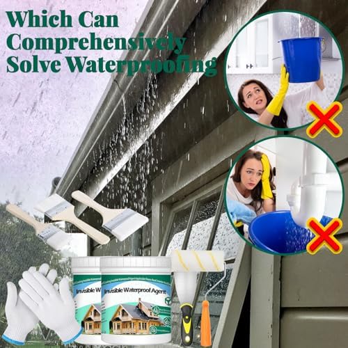 2Kg/70.5Fl.oz Invisible Waterproof Agent Indoor&Outdoor Waterproof Coating Set Transparent Liquid Sealant with Wooden Brush Resistant Work Gloves Putty Knife Cut Paint Roller