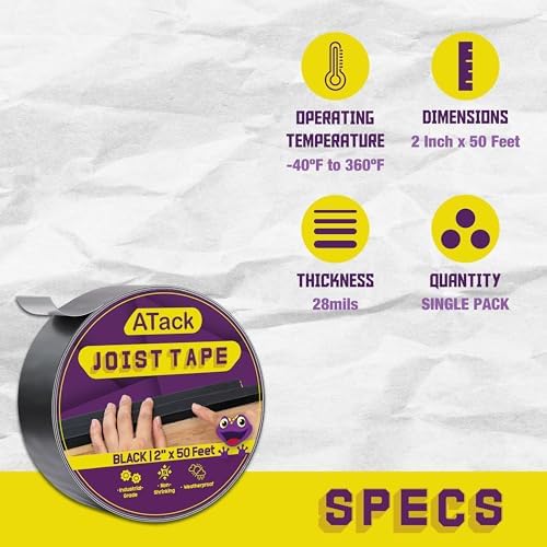 ATack Joist Tape for Decking 2 Inch x 50ft Waterproof, Non-Shrinking Deck Joist Tape 2 Inch - High Tack Butyl Flashing Sealant for Year-Round Protection on Wood, Metal, Composite, Roof Beams