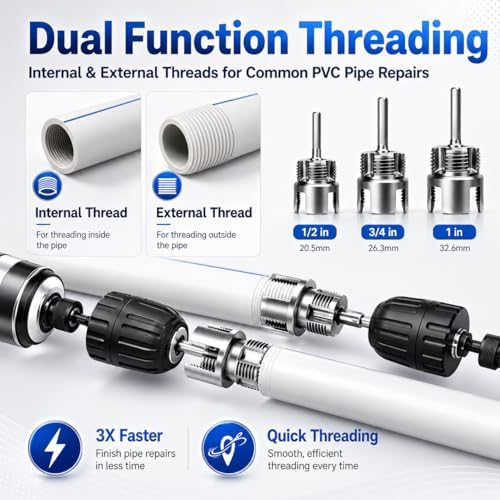 3PCS PVC Pipe Threader with Tape, Internal & External Pipe Threading Tool, Pipe Thread Cutting Tool for Drill, 1/2" 3/4" 1" NPT for PVC CPVC ABS Pipes, Thread Repair, DIY home, Garden Irrigation