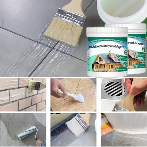 2Kg/70.5Fl.oz Invisible Waterproof Agent Indoor&Outdoor Waterproof Coating Set Transparent Liquid Sealant with Wooden Brush Resistant Work Gloves Putty Knife Cut Paint Roller