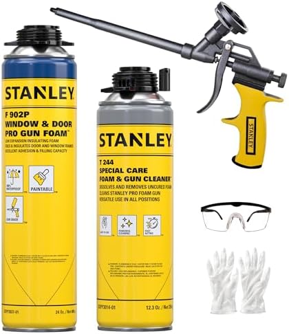 Stanley F902P Window & Door Pro Gun Sealant (1x24 Oz.) – Low Expansion Polyurethane Spray Foam Insulation for Window & Door, High-Yield Waterproof Gap Filler | Includes Gun & Cleaner | 24 Oz. 1 Pack