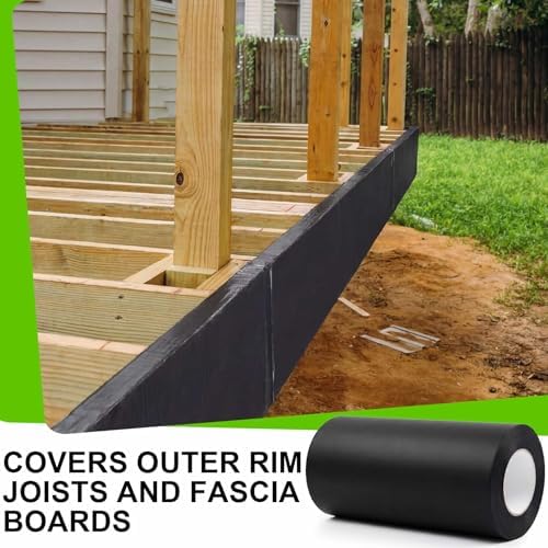 Feifeiya 11" x 50' Butyl Deck Joist Tape Flashing and Ledger Protect Rim Tape Waterproof Black Wheel Rim Support Belt for Decking Seal Wood Beams Roof Terraces Crossbeams