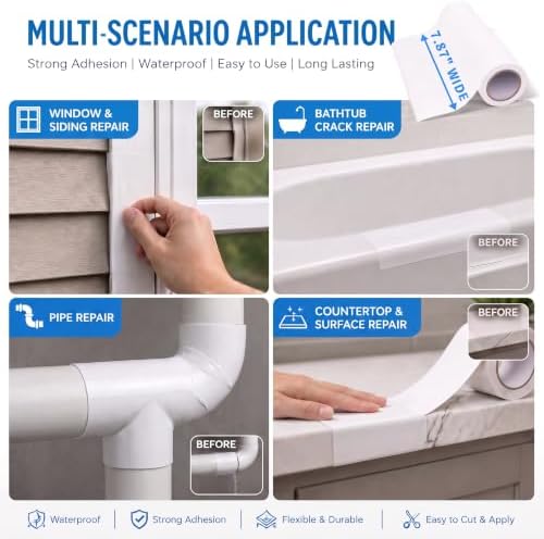 Wall Patch Repair Roll, 7.87" x 32.8' Waterproof Self-Adhesive Tape for Holes, Blemishes, Pool Liners, Vinyl Skirting, Durable White Patching Solution