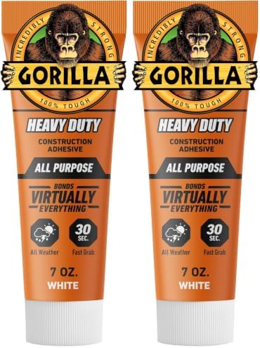 Gorilla Heavy Duty Construction Adhesive, White Glue, 7 Ounce Squeeze Tube (Pack of 2) - Gap Filling and Waterproof