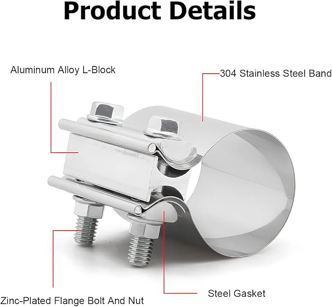 BESULEN 2.25 Inch Exhaust Clamp Butt Joint Band Clamp 2 PCS Stainless Steel | L-shaped block seal structure, bolt tightened connection, fits matching exhaust pipe sizes, automotive exterior accessories