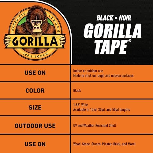Gorilla Duct Tape,Black Tape,1.88" x 50 yd - Heavy Duty and Weather Resistant for Indoor or Outdoor,(Pack of 6)