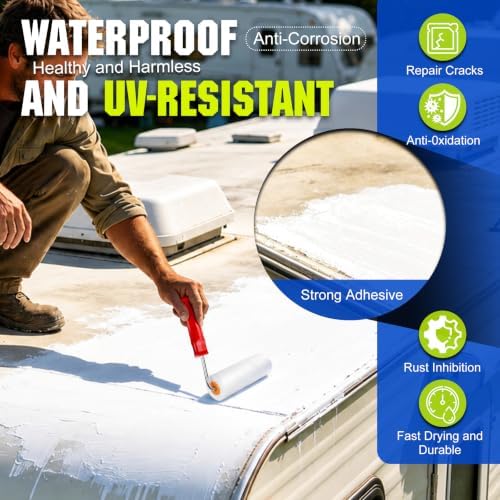 RV Roof Coating 1 Gallon – Self-Leveling RV Roof Sealant Waterproof for Camper, Motorhome & Trailer, Flexible Membrane for EPDM/TPO/Fiberglass/Aluminum Roofs, Solar Reflective White Finish