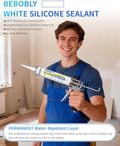 Silicone Caulk & Sealant White, 100% Waterproof Silicone Sealant, Shrink & Crack Proof, Silicone Caulking for Kitchen, Bathroom, RV, Interior & Exterior Use, 10.2 FL. OZ/300ML, 12 Pack