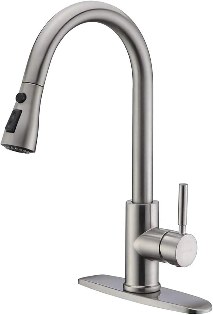 WEWE High-Arc Pull-Down Kitchen Faucet, Brushed Nickel, 3-Mode Sprayer