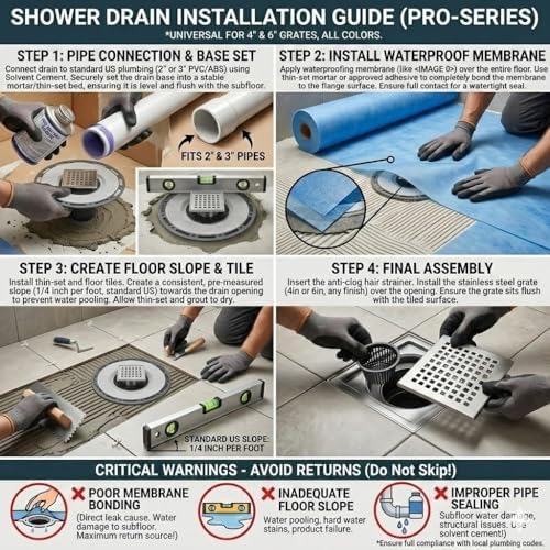 4-Inch Square Shower Drain Kit, Tile Insert Grate & Bonding Flange