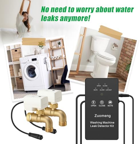 Washing Machine Water Leak Detector Kit with Dual Power Supply, Precise Sensor, Automatic Shut-Off Hot & Cold Valves 3/4" 90° , Alarm Sound and Alarm Light