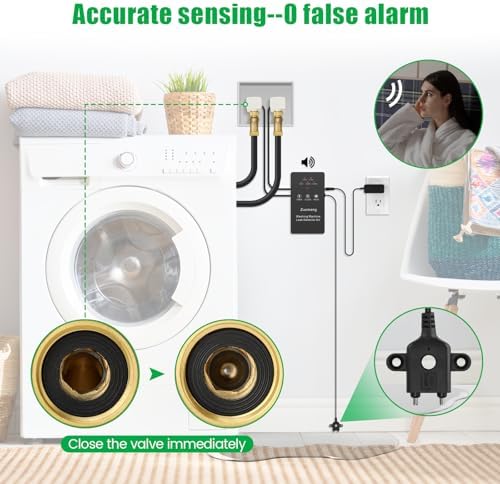 Washing Machine Water Leak Detector Kit with Dual Power Supply, Precise Sensor, Automatic Shut-Off Hot & Cold Valves 3/4" 90° , Alarm Sound and Alarm Light