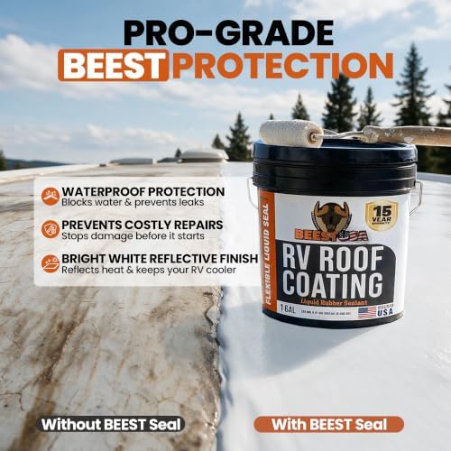 BEEST RV Roof Repair Kit Includes: Roof Coating 5G, EPDM Primer 1G, RV Cleaner 32 Oz, Non-Sag Lap sealant, Self-Leveling Lap Sealant, Seam Roller, Seam Tape & Gloves| Repair & Maintenance Bundle