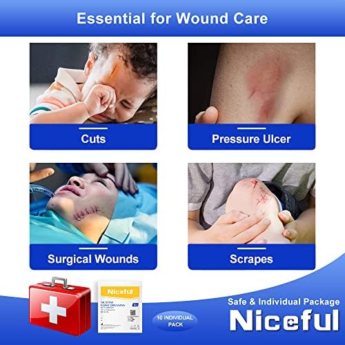 Niceful 10 Count Silicone Foam Dressing 1.6" x 2", Wound Dressing for Minor Surgical Incisions, Abrasions, Absorbent Silicone Bandages for Sensitive Skin, Small Bed Sore Bandages (Pack of 2)