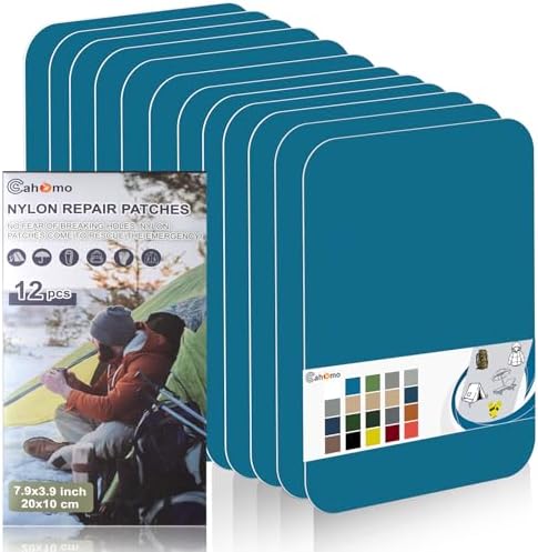 Cahomo 7.9x3.9 inch 12 PCS Nylon Repair Patch Nylon Repair Tape Self Adhesive Fabric Tapes Outdoor Camping Gear Fabric kit for Tent, Umbrella, Down Jackets, Sleeping Bag, Knapsack（Sky Blue）