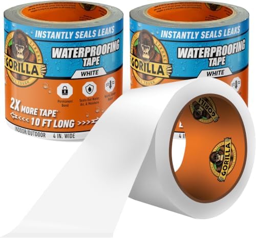 Gorilla Waterproof Patch & Seal Tape, White Tape, 4" x 10' - Permanent Weather Resistant Seal for Leaks and Repairs (Pack of 16)