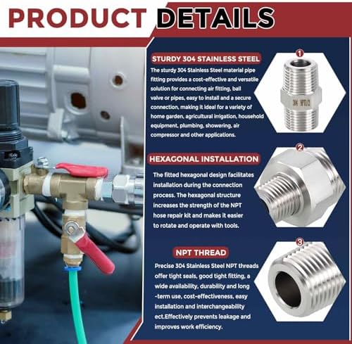 Pack of 2, 1/2" Male NPT To 1/2" Male NPT SUS304 Hex Nipple | Solid Male Pipe Adapter Hose Connectors with Sealing Tape for Pipe Repair, Bathroom Remodel, Tool Extensions, Compression