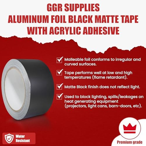 GGR Supplies T.R.U. AF-22A-B Aluminum Foil Black Matte Tape Non Reflective with Acrylic Adhesive. (2" X 27 Yards (25Mts) Pack of 1)