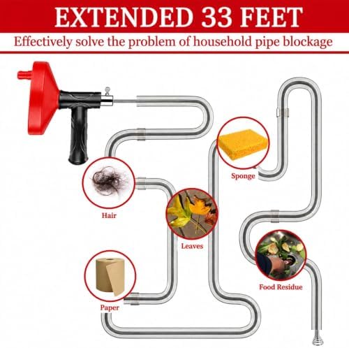 Drain Snake Auger, 33 Feet Plumbing Snake Drain Hair Clog Removal Tool, Heavy Duty Snake Auger, Sink Unclogger Drain Cleaner Tool for Bathroom Kitchen Tub Shower Drain Clog Remover with Gloves, Red