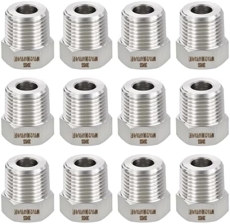 METALLIXITY 12PCS 1/2" MNPT x 1/4" FNPT Thread SUS304 Hex Bushing Extension | 304 Stainless Steel Pipe Fittings, Tube Adapters Convert for Water Line, Tub Spout/Shower Head