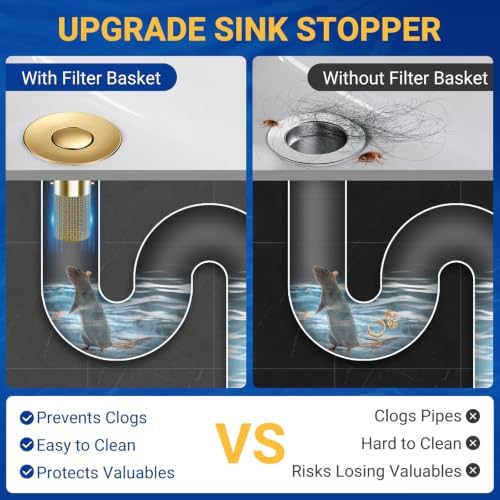 Bathroom Sink Drain Strainer, Pop-Up Bathroom Sink Stopper with Removable Stainless Steel Hair Catcher Basket, Universal Fit for US Bathroom Sinks, Showers & Floor Drains (1pcs-Gold)