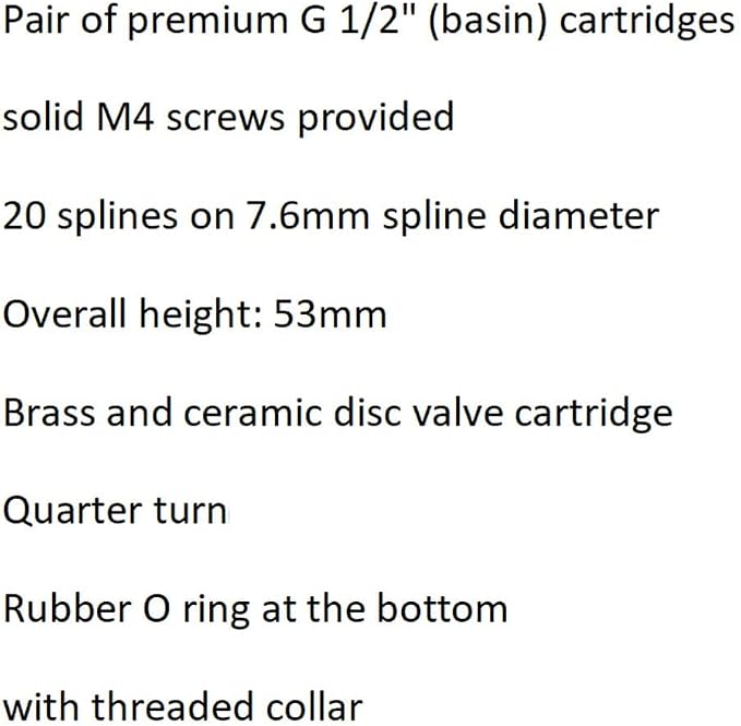 Huashan Replacement Brass Ceramic Disc Stem Cartridge Faucet Valve Quarter Turn 1/2" X 53mm x 12mm spline length 20 teeth(PAIR Hot & Cold)