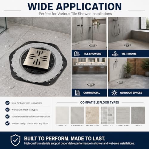 4-Inch Square Shower Drain Kit with Bonding Flange, Brushed Silver