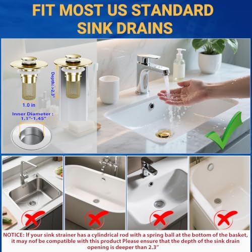Bathroom Sink Drain Strainer, Pop-Up Bathroom Sink Stopper with Removable Stainless Steel Hair Catcher Basket, Universal Fit for US Bathroom Sinks, Showers & Floor Drains (1pcs-Gold)
