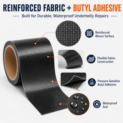 RV Underbelly Tape, 6 in x 66 ft Waterproof Repair Tape | Permanent butyl adhesive fabric tape seals tears, holes and cuts for RV, camper, travel trailer and mobile home underbelly
