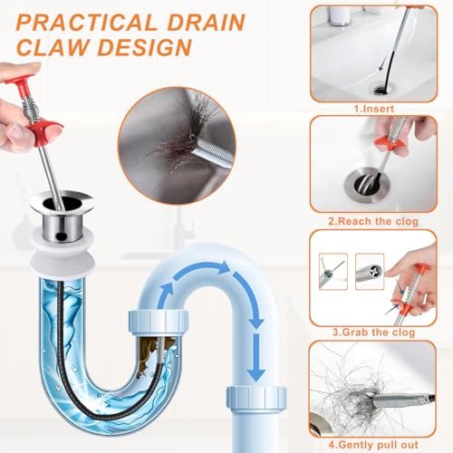 79 Inch Drain Snake Clog Remover Tool, 4-Claw Flexible Grabber for Hair in Toilet, Sink, Shower, Kitchen, Bath Tub & Sewer Drain Unclog (Black)