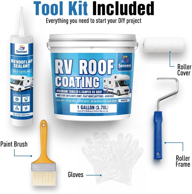 SENVEN RV Roof Sealant 1 Gallon and Self-Leveling Lap Sealant-10.3 Oz, RV Roof Coating RV Roof Sealant White Waterproof Solar Reflective & Leak Repair for Trailers Campers Motorhomes, Caulking Repair
