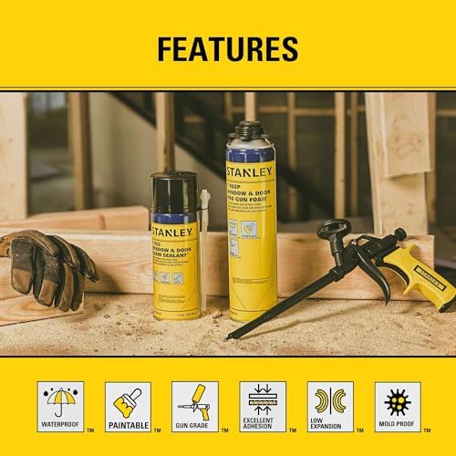 Stanley F902P Window & Door Pro Gun Sealant (12x24 Oz.) – Low Expansion Polyurethane Spray Foam Insulation for Window & Door, High-Yield Waterproof Gap Filler | Includes Gun & Cleaner | 24 Oz. 12 Pack