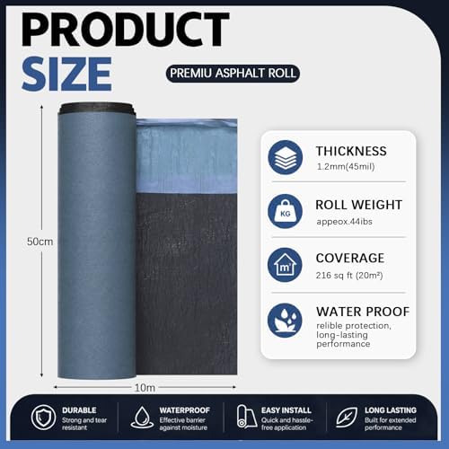 Rubberized Waterproof House Wrap, Self Adhesive Bitumen 20 in x 33 ft, 40 Mil Thick Asphalt Roofing Membrane for House Wrap, Leak Repair & Waterproof Sealing