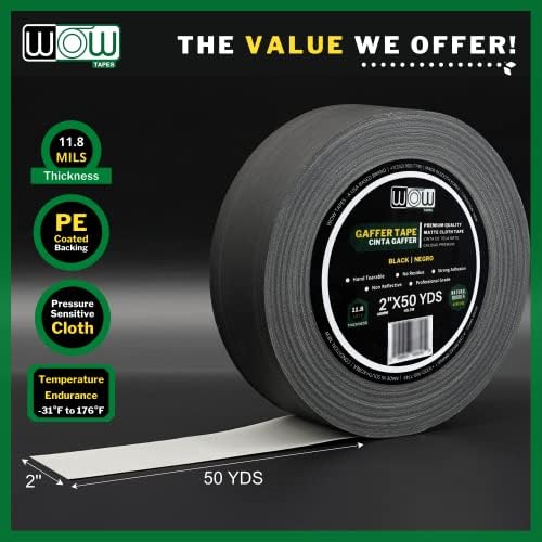 Wow Gaffers Tape 2 Inch Black - 50 Yards, Residue Free, Non-Reflective & Heavy-Duty - Professional Grade Gaff Tape - Ideal for Photography Backdrop, Cables, Cords & Floor Taping