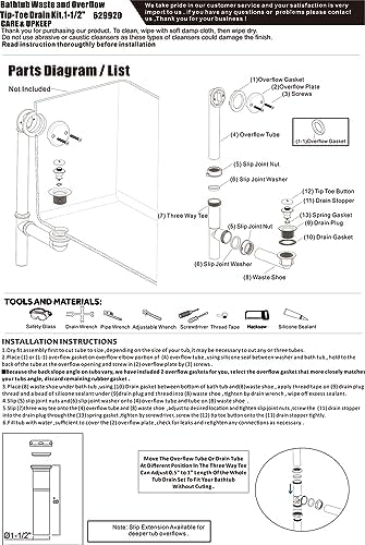 Artiwell 1-1/2" Black Tubular Bath Drain Kit with Tip-Toe Bath Drain Stopper, Touch-Toe Tub Drain, Tip Toe Bathtub Drain Waste and Overflow with Plug and Bathtub Overflow Drain Cover, Chrome Plated
