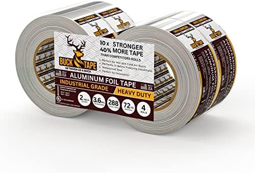 4 Pack Buck Aluminum Foil Tape – 2 Inch x 216ft (72 yd), 3.6 Mil – HVAC Tape for Ductwork, AC, Dryer Vents & Insulation – Silver Foil Tape for Metal Repair, Exhaust Sealing & Air Conditioning