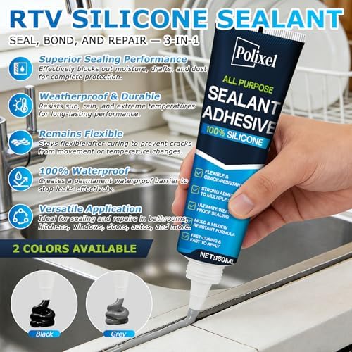 Gray RTV Silicone Sealant Adhesive – 100% Waterproof Caulk for Bathroom, Kitchen, Automotive, Windows & Plumbing Shrink & Crack Proof, Flexible, Strong Adhesion – 5oz / 150g