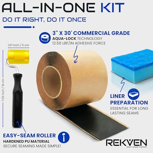 Pond Liner Seam Tape Kit, Double Sided Butyl Adhesive, 30 Ft x 3 in | Bonds EPDM PVC HDPE LDPE RPE LLDPE, Waterproof Sealer, Repair and Patch, Roller and Sponge Included, Fish Safe, Koi Ponds