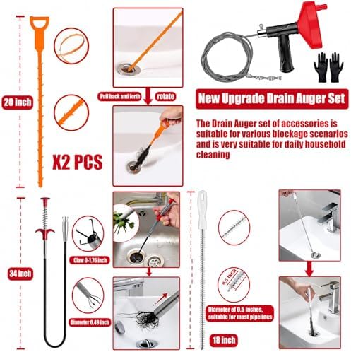 Drain Snake Auger, Plumbing Snake Drain Hair Clog Removal Tool, Heavy Duty Snake Auger, Sink Unclogger Drain Cleaner Tool for Bathroom Kitchen Tub Shower Drain Clog Remover with Gloves, Red（33 Feet ）