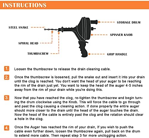 BACOENG 25Ft Drain Auger, Heavy Duty Plumbing Snake with Drill Adapter, Use Manually or Powered for Drain Clog, Shower Sink, Comes with Gloves and Bag (Orange)