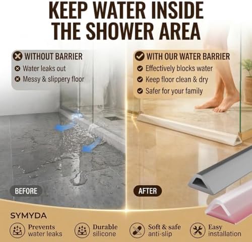 138in Shower Threshold Water Dam - Self-Adhesive Silicone Water Barrier for Wet/Dry Separation, Collapsible Seal Strip for Walk-In Showers, Bathtubs, Kitchen Sinks, Wheelchair Accessible Ramp Design