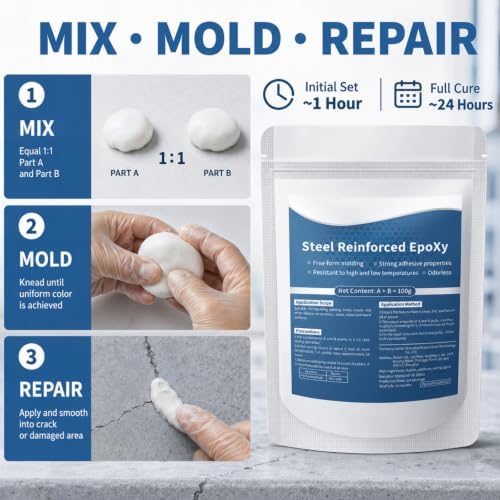 Strong Clay Iron Adhesive, Steel Reinforced Epoxy Putty, AB Two-Part, Waterproof, Heat Resistant, Fast Repair Filler for Metal Wood Ceramic Concrete Tile Plastic PVC Cracks Holes (14oz)